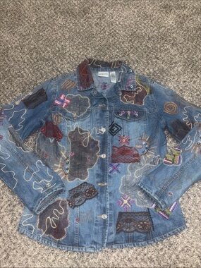Chico's Blue Embroidered Patchwork Denim Jacket